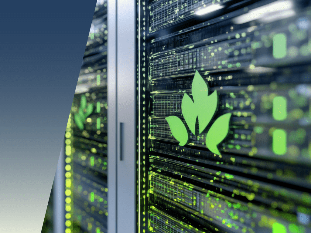 A close-up of server racks with green LED lights and a green leaf symbol highlights eco-friendly, energy-efficient technology with advanced data center sensor integration in a modern data center. by Standex Detect