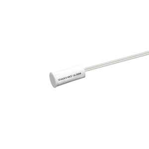 A mk37 series reed sensor, featuring a white cylindrical body attached to a thin, straight, transparent rod, is shown against a plain white background. by Standex Detect
