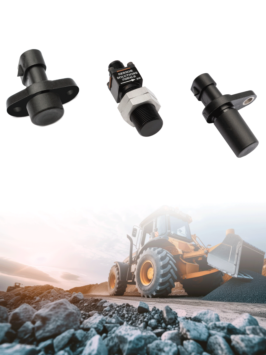 Three black and silver industrial sensors are displayed above an image of a yellow front loader construction vehicle on a rocky road, with a cloudy sky in the background—ideal for showcasing at CONEXPO-CON/AGG 2026. by Standex Detect