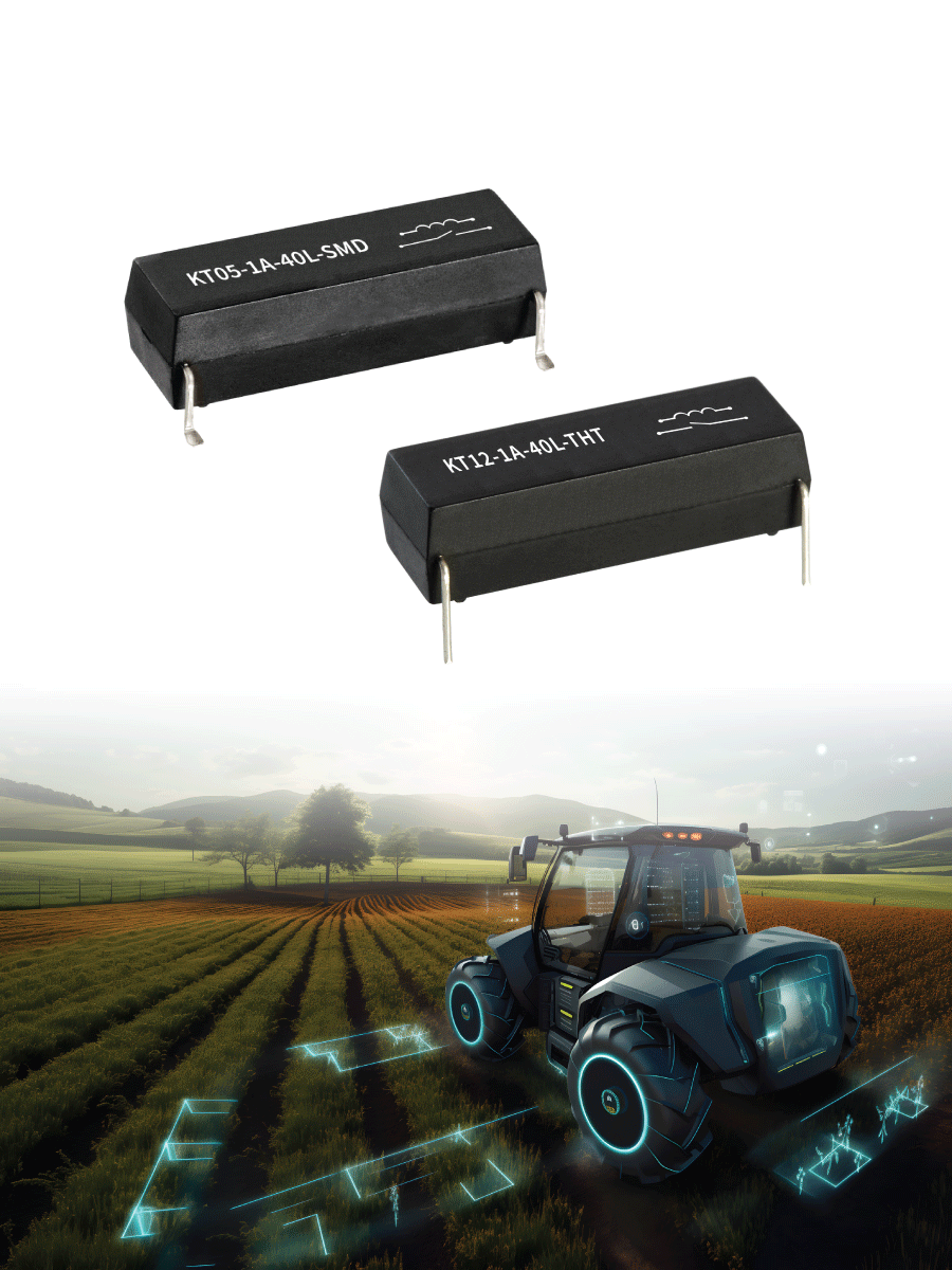 Two black electronic components are shown above a futuristic tractor using digital technology in a cultivated field at AGG 2026, with green landscape and blue sky in the background. by Standex Detect